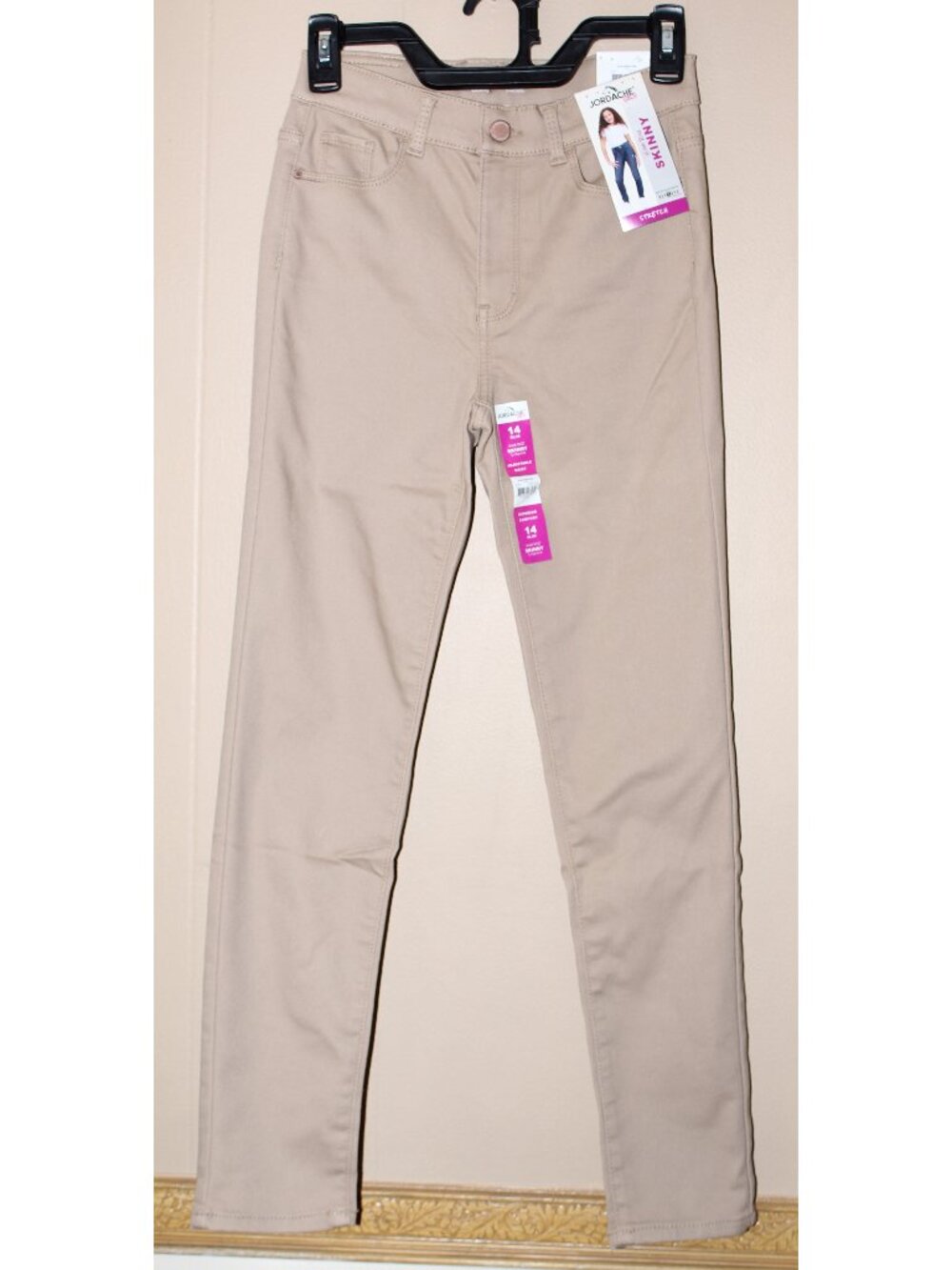 Jordache Skinny Jeans-High Rise Stretch Girls-Adjustable Waist-Size 14-Khaki Tan